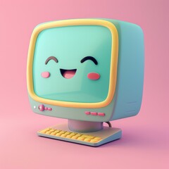Cute Retro Computer with a Smiling Face on a Soft Pink Background, Perfect for Whimsical Projects, Children’s Media, and Digital Artwork