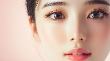 Fototapeta premium Beautiful young asian woman with long eyelashes extensions pink glitter eyeshadow makeup red lips fashion closeup background. cosmetic beauty product spa salon banner poster wallpaper 
