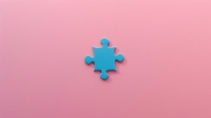 A single blue puzzle piece in the center of a pink background representing the unique contributions of each individual, Emphasizing how every person fits into the larger picture, minimalistic style