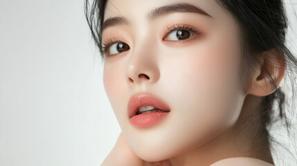 Fototapeta premium Beautiful young asian woman with long eyelashes extensions eyeshadow clean natural makeup red lips fashion closeup background. cosmetic beauty product spa salon banner poster wallpaper 
