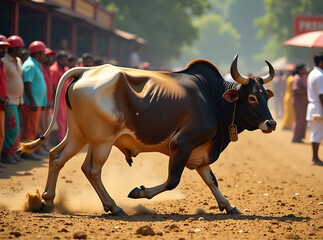 Jallikattu, Tamil Nadu, Bull-taming, Indian tradition, pongal Festival, mattu pongal, Ai generated image