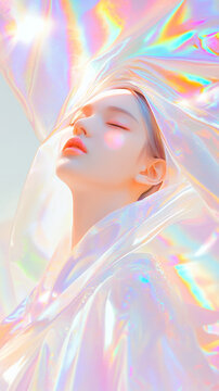 3D illustration for angel god godness painting with glossy holographic texture glass futuristic solarpunk fashion sense background. nouveau aesthetic tarot card beautiful colorful rainbow wallpaper