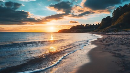 Golden Hour Sunset Over the Ocean, Dramatic Sky with Colorful Clouds and Calm Water Waves on the Sandy Beach