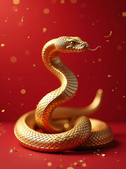Fototapeta premium A golden snake on a red, ornamented background with 