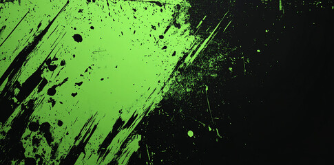 Neon green and black grunge background with dynamic splashes and textures