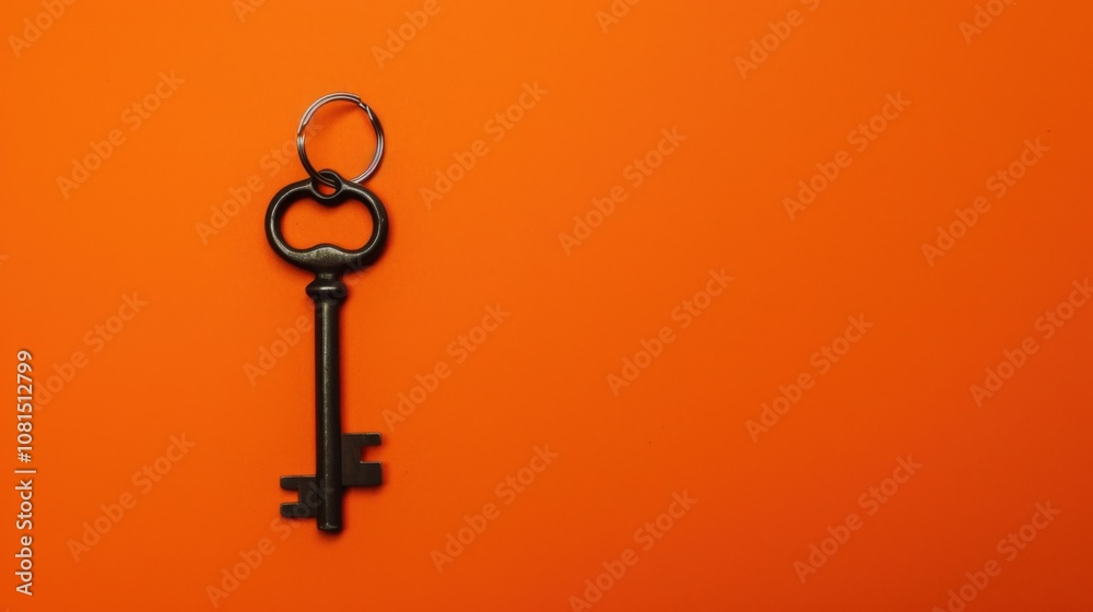 Poster a single key on a bright orange background symbolizing access and opportunity, highlighting the pote