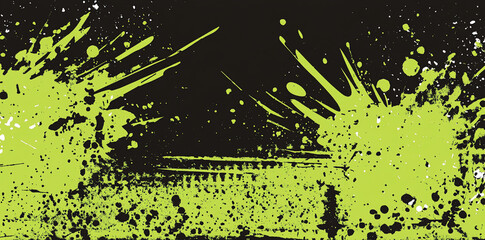 Neon green and black grunge background with dynamic splatter effects