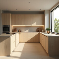 An ultra-modern kitchen with plywood cabinets and countertops blends functionality and aesthetic appeal.