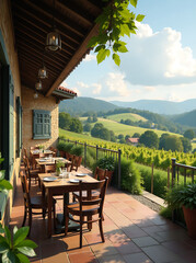 Obraz premium A rustic farmhouse café set amidst rolling hills and vineyards, serving farm-to-table cuisine and locally sourced ingredients, Generative AI