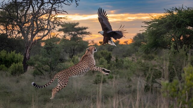 Wildlife photography a cheetah is attacking an eagle in a forest _ setting sun