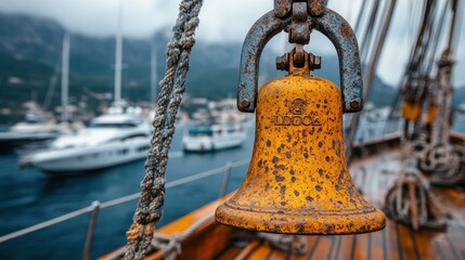 Fototapeta premium Close-up of a weathered ship's bell with a blurred background of boats in a harbor.