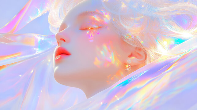 3D illustration for angel god godness painting with glossy holographic texture glass futuristic solarpunk fashion sense background. nouveau aesthetic tarot card beautiful colorful rainbow wallpaper