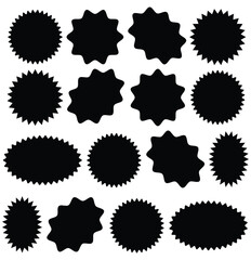 Set of black price sticker, sale or discount sticker, sunburst badges icon. Star shape with different number of rays. Special offer price tag. Starbrust collection. Isolated on white background.