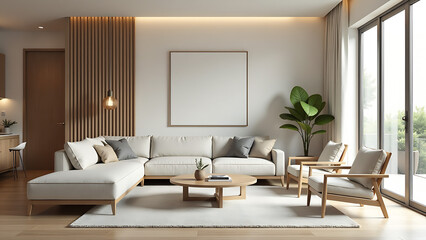 Stylish living room interior with minimalist furniture and decor. Mix of Japanese and Scandinavian minimalism composition