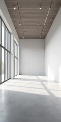Obraz premium A minimalist art gallery with large windows and empty walls, designed for exhibitions.