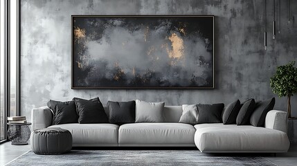 Modern living room design urban space interior decor minimalist style eye-level view contemporary aesthetics