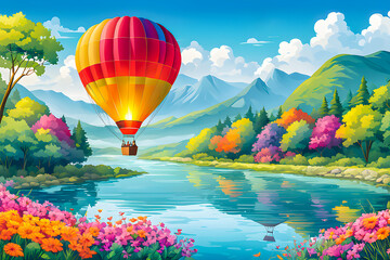 Fototapeta premium Illustration of Hot Air Balloon near river surrounded by colorful flowers.