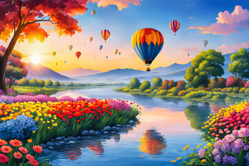 Fototapeta premium Illustration of Hot Air Balloon near river surrounded by colorful flowers.