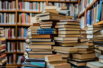 A large stack of books in a library with bookshelves in the background.