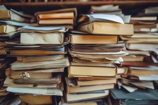A large stack of books and papers on a bookshelf, showing signs of age and use. - Powered by Adobe