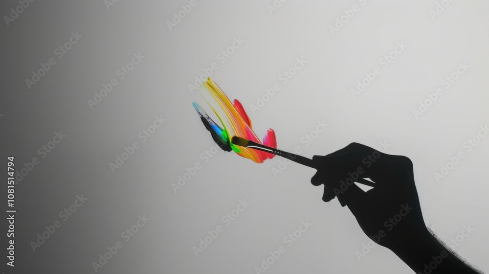 Poster a small silhouette holding a paintbrush with colorful strokes on a solid gray background representin