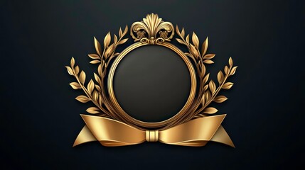 Elegant golden oval frame with laurel wreath and bow on a black background.
