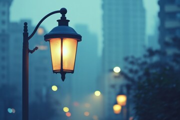 A lone streetlamp glows in the misty city.