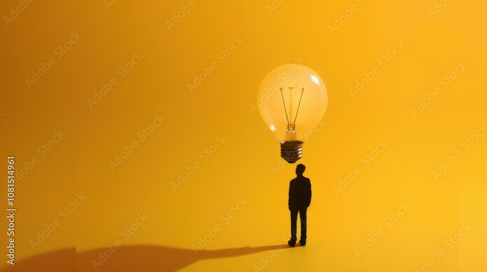Poster a small silhouette standing under a glowing light bulb on a solid yellow background representing enl