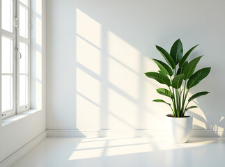 Sunlight streaming through large windows into a white room with a potted plant, creating a serene, minimalist atmosphere.