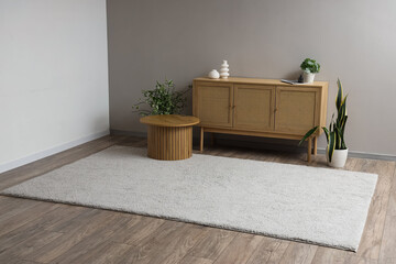 Interior of light living room with soft carpet, commode and table