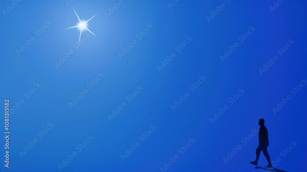 Poster a small silhouette walking towards a bright star on a solid blue background representing guidance an