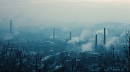 A sobering image of pollution, featuring a smog-covered city skyline with industrial smokestacks, Symbolizing the environmental crisis caused by air pollution