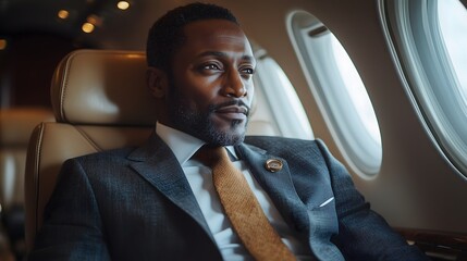 confident African American man in a tailored suit sits in the luxurious interior of a private jet, gazing with a calm, composed expression, bathed in soft natural light