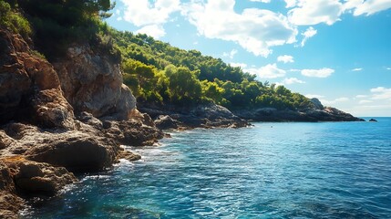 Obraz premium Beautiful blue Mediterranean Sea coastline with green cliffs, lush trees, and blue sky with white clouds, panoramic summer landscape