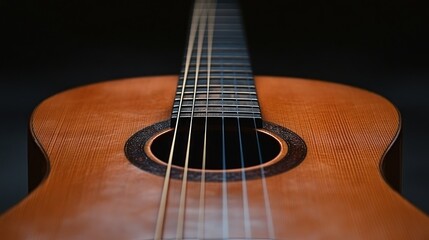 Fototapeta premium Close-up of an acoustic guitar's soundhole and strings.