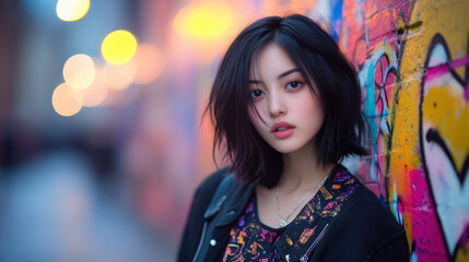 Portrait of young woman with short hair against colorful graffiti wall, exuding confidence and style. vibrant background enhances her striking features