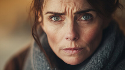 Fototapeta premium Intense close up of woman tear streaked face, showing exhaustion and emotion. Her furrowed brow and piercing eyes convey deep feelings of struggle and resilience