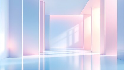 Minimalist abstract 3d render of a modern interior with blue and pink gradient lighting and reflective surfaces futuristic digital art background. Abstract room interior with pink and blue neon light.