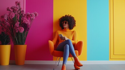 Fototapeta premium Stylish woman in a colorful modern interior