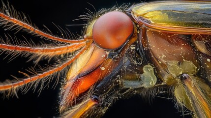 A close-up of an insect's head with a large red eye.