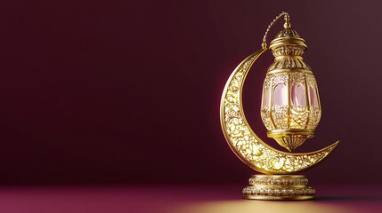 A traditional Islamic lantern with a crescent moon design on a red background.