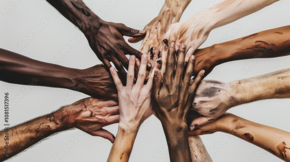 Poster a spectrum of hands in various skin tones reaching towards a common goal, illustrating the power and