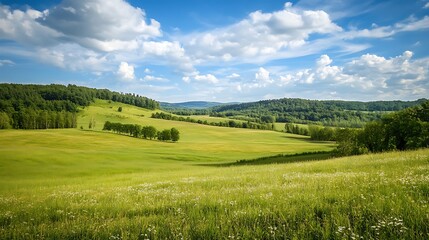 Fototapeta premium Piękna zielona łąka z pagórkami i błękitnym niebem z chmurami w tle