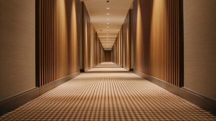 Fototapeta premium A modern hotel corridor with warm lighting and patterned carpet, creating a welcoming atmosphere for guests.