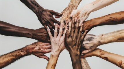 A spectrum of hands in various skin tones reaching towards a common goal, Illustrating the power and solidarity of diverse communities, photography style