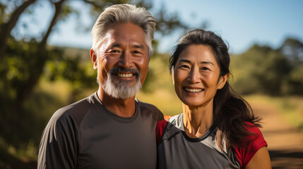 Sporty elderly couple in the park on the sports ground. Beautiful woman and man doing sports exercises. Healthy lifestyle concept