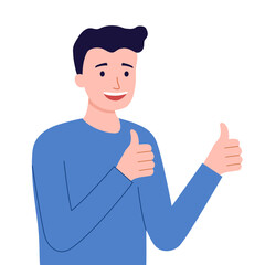 Happy smiling man shows thumbs up. gesture, symbol or sign of like, cool, agree, approve character in flat design on white background.