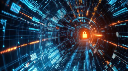 Abstract digital tunnel with glowing padlock icon in the center, representing cybersecurity, data security, and privacy.