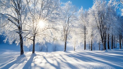 Obraz premium Sunlight through snow covered trees in winter forest. Idyllic winter scenery with sun shining through frosted branches and snow on ground.