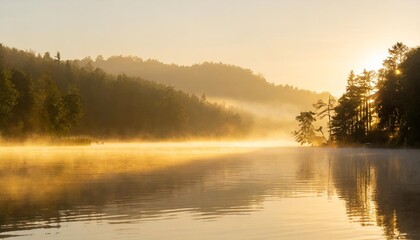 Fototapeta premium Misty Morning on a Tranquil Lake With Rolling Fog Hovering Over the Water and a Distant Forest Just Visible Through the Hazy Light of Dawn